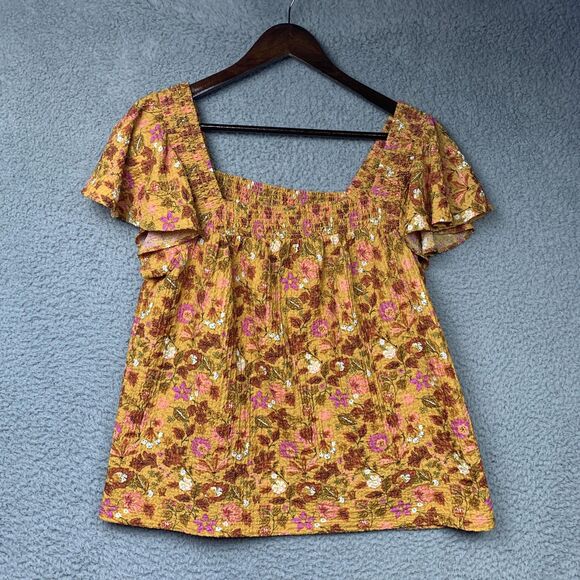 LOFT Shirt Womens Small Yellow Floral Smocked Square Neck Flutter Sleeve Boho - Picture 1 of 7